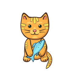 Cute orange cat holds fish. Funny animals vector illustration. Kitten character hugs food. Cartoon kitty pet with fish isolated on white background