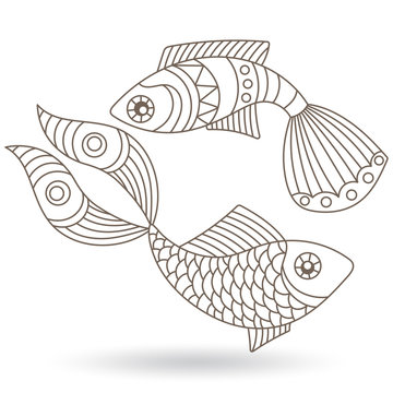A set of illustrations in a stained glass style with abstract fishes, dark contours isolated on a white background