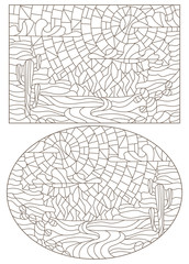 Set  contour illustrations in style of a stained-glass window with desert landscapes, dark contours on a white background 