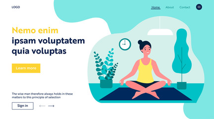 Woman doing morning yoga at home flat vector illustration. Female character sitting in calm posture. Wellness, healthcare and lifestyle concept