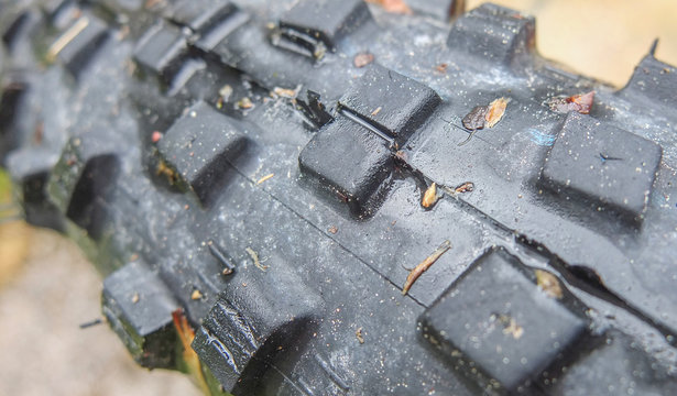 Close up shot of the tread on at mountain bike tire 