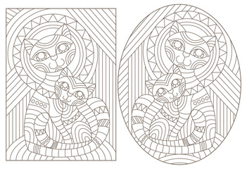 Set of contour illustrations of stained glass Windows with an abstract cat and kitten, dark outlines on a white background