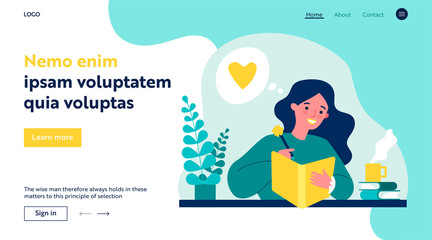 Teenage girl writing diary or journal. Happy young woman reading book and taking notes with pencil. Vector illustration for journal, author, student, teenager in love concept