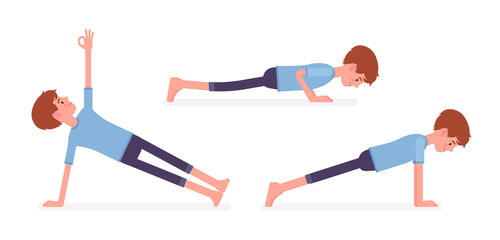 Yogi man in sport wear practicing yoga, doing Push and press ups, phalankasana, Plank exercise, Vasisthasana pose, handsome guy training, healthy habit workout. Vector flat style cartoon illustration