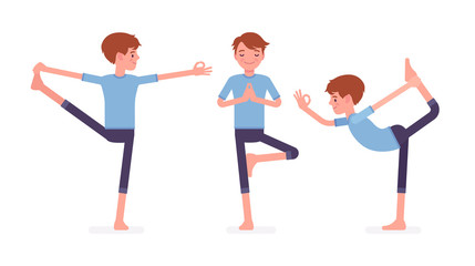 Yogi man in sport wear practicing yoga, Utthita Hasta Padangustasana, Extended Hand to Big Toe exercise, Natarajasana, Lord of Dance and Vrksasana, Tree pose. Vector flat style cartoon illustration