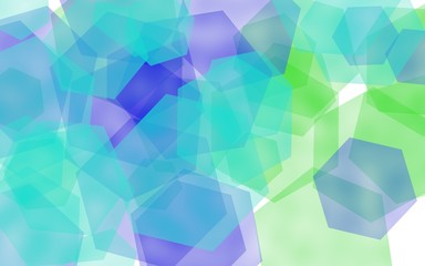 Multicolored translucent hexagons on white background. Blue tones. 3D illustration