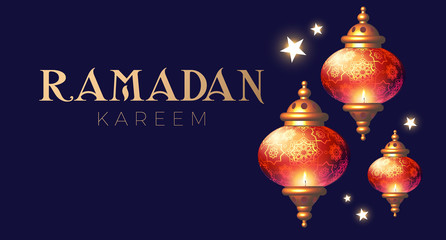 Ramadan Kareem Greeting. Islamic Holiday Design Template. Oriental Lantern with Light.