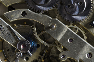 Old Clock Watch Mechanism with gears - close-up