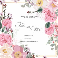 Fototapeta na wymiar Pink rose flowers. Wedding Invitation card, save the date, thank you, rsvp card Design template. Eucalyptus leaves, garden flowers.