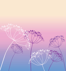 Vector image of silhouettes umbrella flowers on sunset sky background