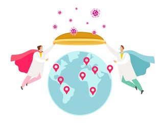 Doctors save the world. Medical staff holds shield against viruses. Pandemic, the global coronavirus COVID 19 epidemic vector illustration