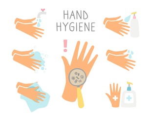 Personal daily hygiene. Wash hands, using sanitizer. Kill virus coronavirus bacteria. Covid 19 prevention vector set