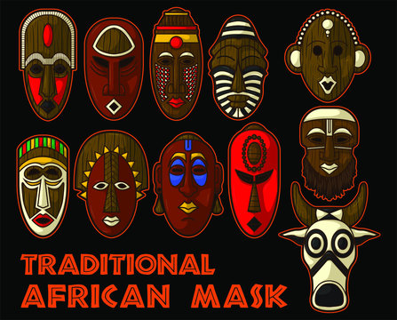 stuning ancient and traditional african mask Vector Illustration Set in black background. 