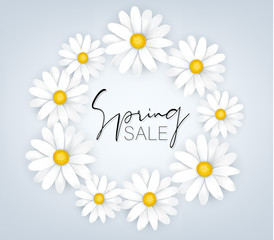 Tender white daisy flower circular banner. Spring sale lettering. Vector illustration.