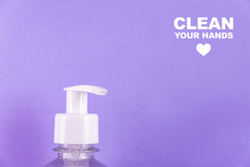 Container with alcohol gel on the light blue background