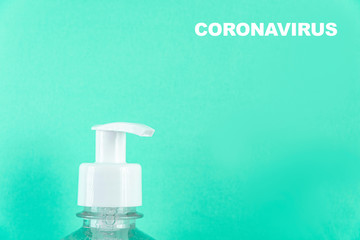 Container with alcohol gel on the light blue background