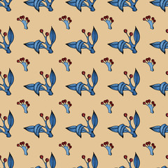 hand drawn watercolor seamless pattern of repeating decorative blue branches with leaves and berries on a beige background.