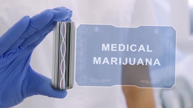 Hand in blue medical glove with a futuristic hud hologram with text Medical Marijuana. Medical concept of the technology of the future. Doctor with Futuristic Holographic Gadget