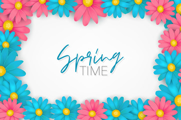 Spring time banner or brochure. Blue and pink realistic daisy flowers. Floral design wallpaper. Vector illustration.