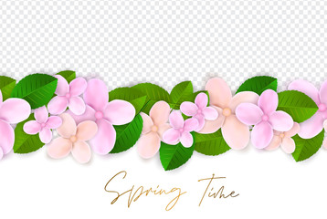 Spring Time overlay banner. Floral promo design template with pink and orange flowers and green leaves. Vector illustration.