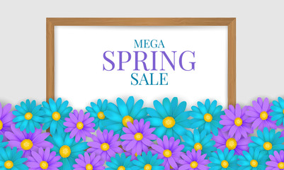 Mega Spring Sale banner or promo poster. Blue and purple flowers on whiteboard with lettering. Vector illustration.