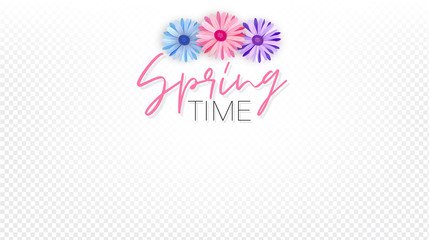 Spring time overlay graphics for a custom image. Pink, blue and pink realistic flowers. Vector illustration.