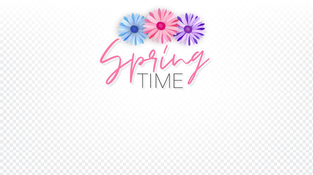 Spring time overlay graphics for a custom image. Pink, blue and pink realistic flowers. Vector illustration.