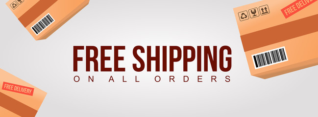 free shipping on all order clean banner with product cardboard shipment box background illustration