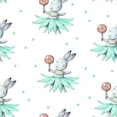 Behang Leuk konijntje met maraca. Naadloze patroon met konijn. Aquarel witte achtergrond. Cartoon Haas illustratie voor kinderen. Voor print, textiel, stof, behang. © Tatiana 