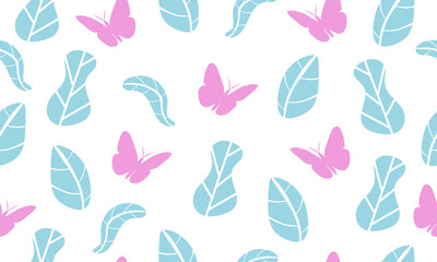 Abstract seamless pattern from blue leaves and pink butterflies. Ecological concept. Isolated on a white background.