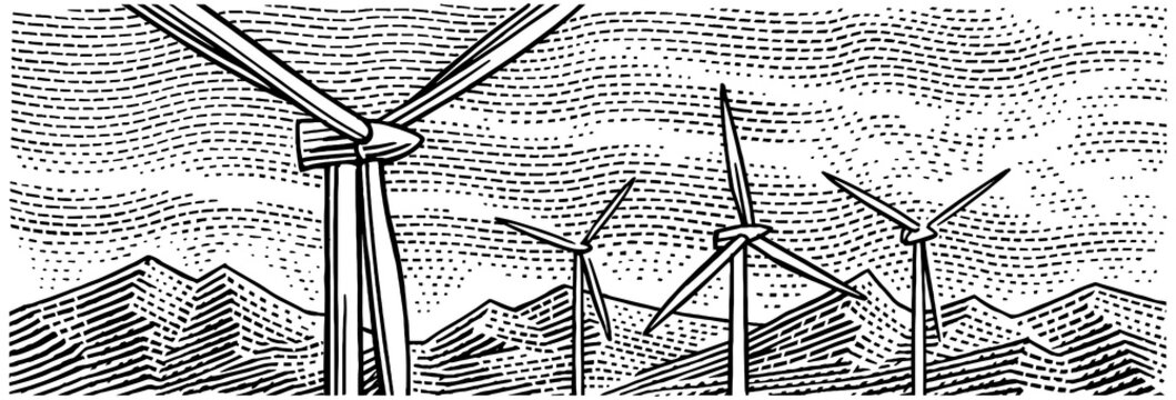 Wind turbines landscape view engraving style illustration. Isolated, vector. 