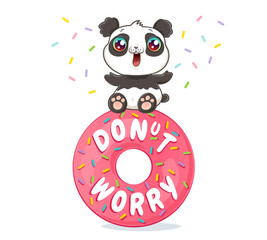 Vector panda on pink donut