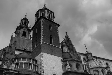 Wawel Cathedral in the Wawel Royal Castle in Krakow, Poland. Black and white photography