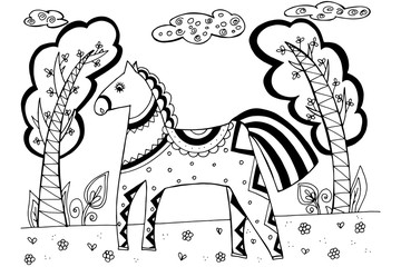 Fototapeta na wymiar Coloring book with a horse. Horse in small ornaments. birch forest. Illustration for children and adults, relaxation, antistress. For children's books, textiles, packaging. stock graphics, isolate.