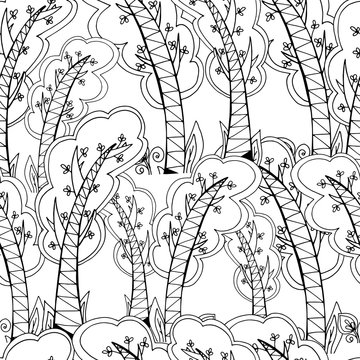 Pattern with trees. landscape trees with small details, the tree leaned over. botanical hand graphics. birch trees. Design for wallpaper, textile. stock graphics, isolate.