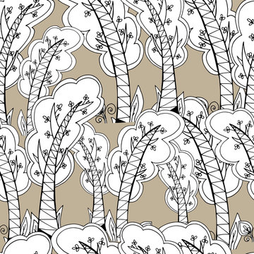 Pattern with trees. landscape trees with small details, the tree leaned over. botanical hand graphics. birch trees. Design for wallpaper, textile. stock graphics, isolate.