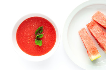 Fresh watermelon mint juice on white background from above