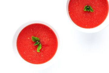 Fresh watermelon mint juice on white background from above