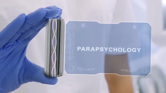 Hand in blue medical glove with a futuristic hud hologram with text Parapsychology. Medical concept of the technology of the future. Doctor with Futuristic Holographic Gadget