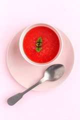 Fresh watermelon mint juice on pink background from above