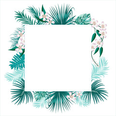 Fototapeta na wymiar Vector tropical jungle frame with palm trees leaves and flowers