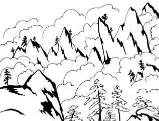 Mountain landscape with pine trees and rocks. Drawing for coloring antistress - 345741931