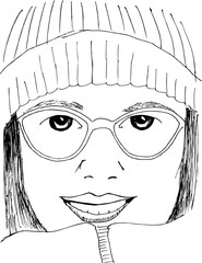 Portrait of a girl with glasses. Black and white drawing for coloring - 345742708