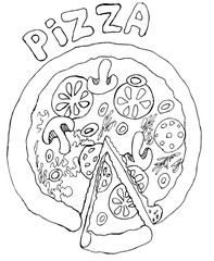 Pizza with mushrooms and tomatoes. Drawing for coloring - 345742729