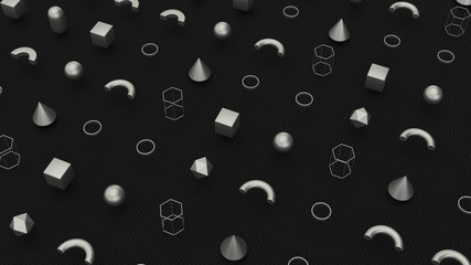 Abstract black background with gradient metallic chrome geometric elements. Metal objects 3d shape vector minimal poster. Pattern with silver geometric figures. Minimalistic shapes