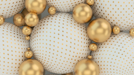 Abstract background with 3d spheres. Gold and white bubbles. Jewelry cover concept. Horizontal banner. Decor element for design. Volume elements, balls, texture, lines, colorful. 3d illustration