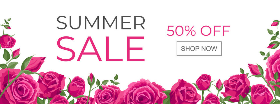 The Summer sale banner. Vector illustration with roses and text: Summer sale, 50 off, shop now. Horizontal concept for a poster, sales advertising in social networks, and media.