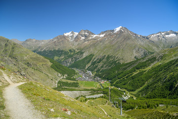 Fototapeta na wymiar View on Saas-Fee village in Saas valley in southern part of Alps in Switzerland