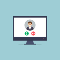Video call application on pc computer screen. Flat vector illustration