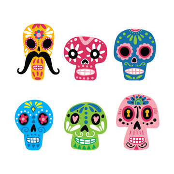 Collection of mexican skulls. Colorful mexican symbols. Dia de los muertos. Day of the dead. Vecctor illustration isolated on white background. Icons for web